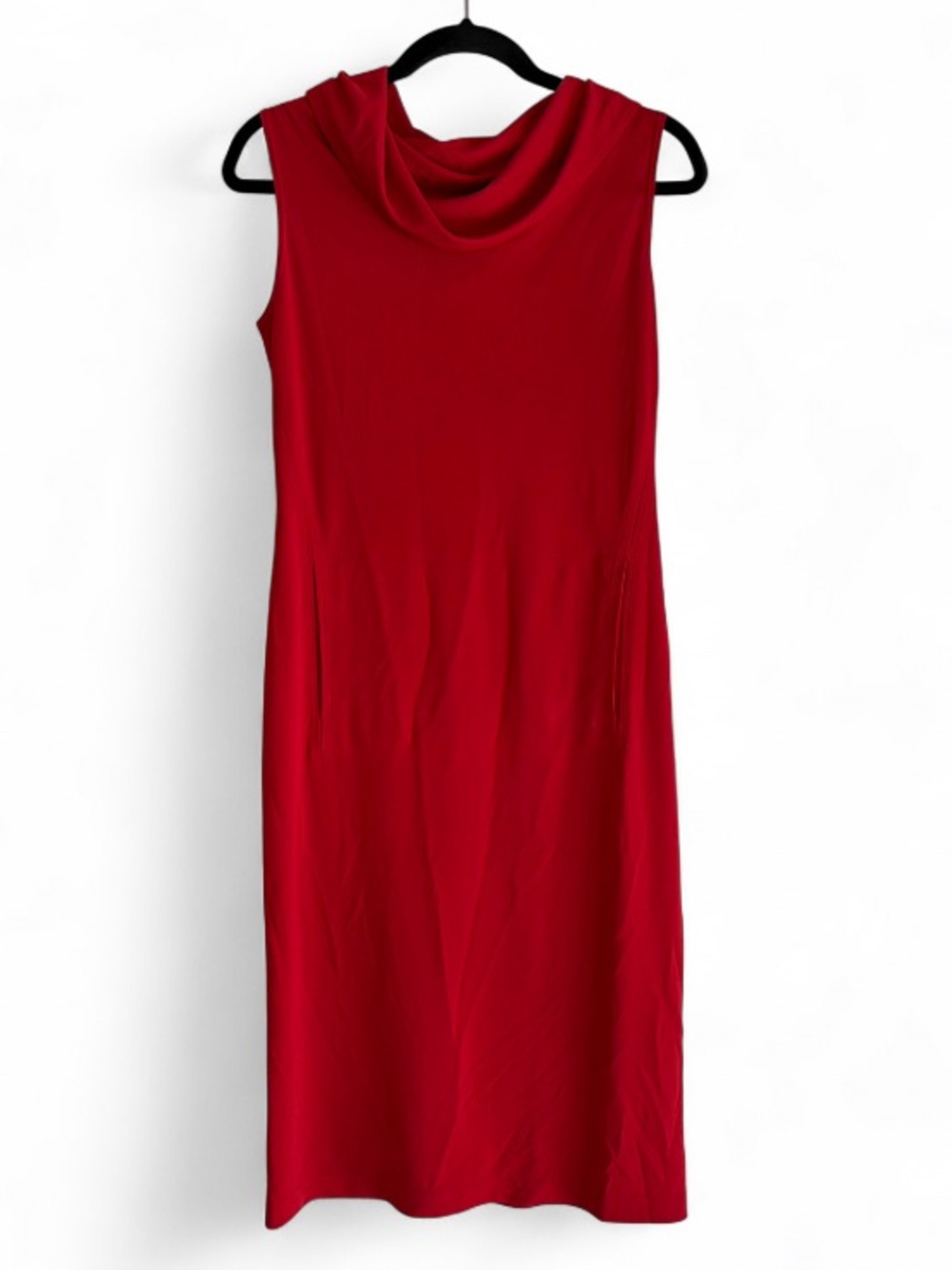 Donna Karan Red Sleeveless Cowl Neck Knit Midi Column Dress Size M